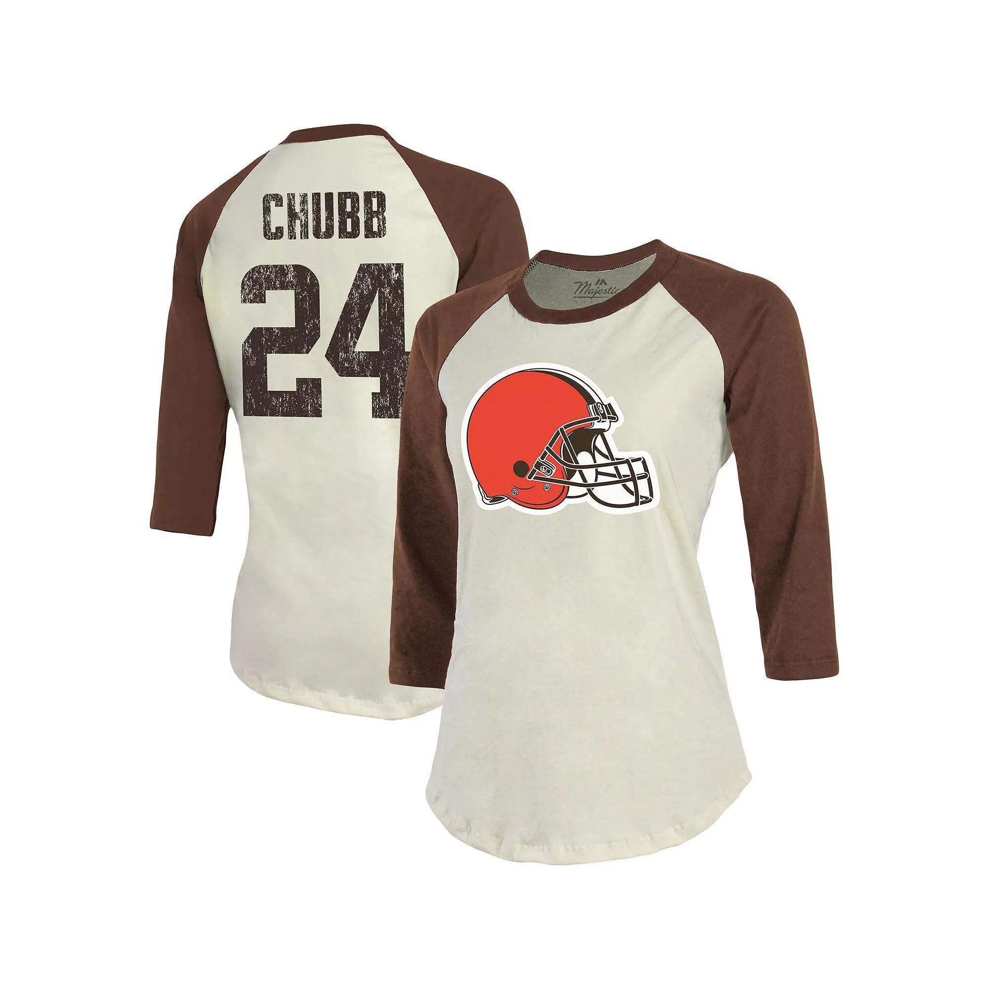Women's Majestic Threads Nick Chubb Cream/Brown Cleveland Browns Player Raglan Name & Number Fitted 3/4-Sleeve T-Shirt, Size: Medium, Beige Product Image
