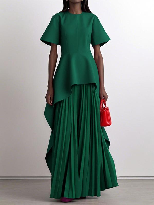 A-Line High Waisted Pleated Solid Color Split-Joint Round-Neck Maxi Dresses Product Image