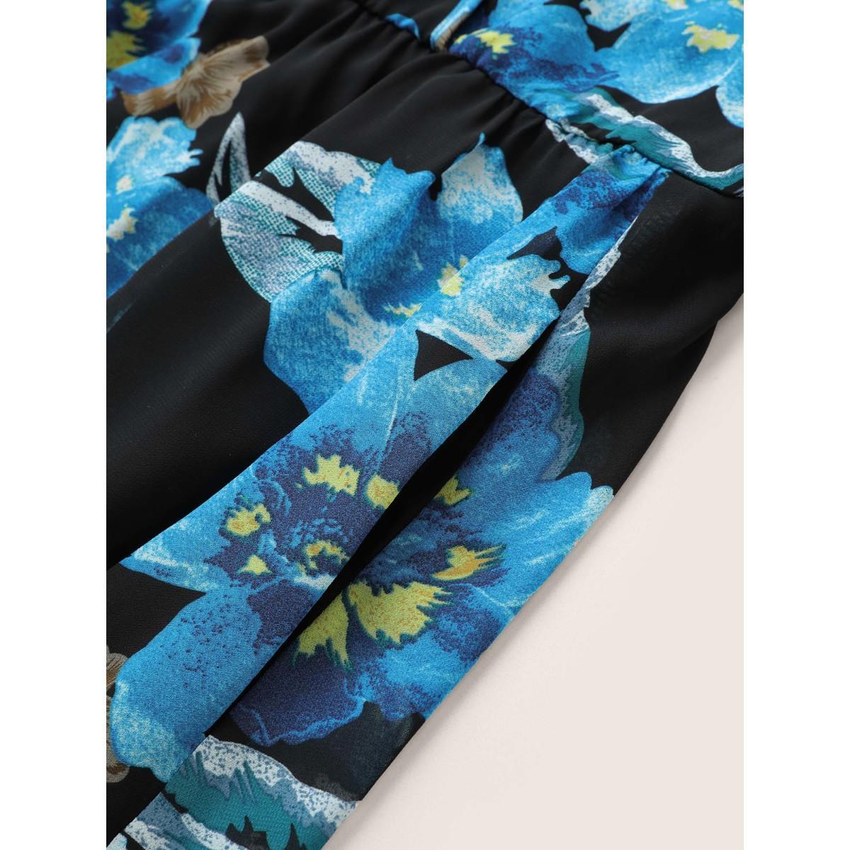 Plus Size Floral Print Surplice Neck Belted Mesh Dress Black Women Elegant Non Overlap Collar Elbow-length sleeve Curvy Midi Dress BloomChic 30/6X Product Image