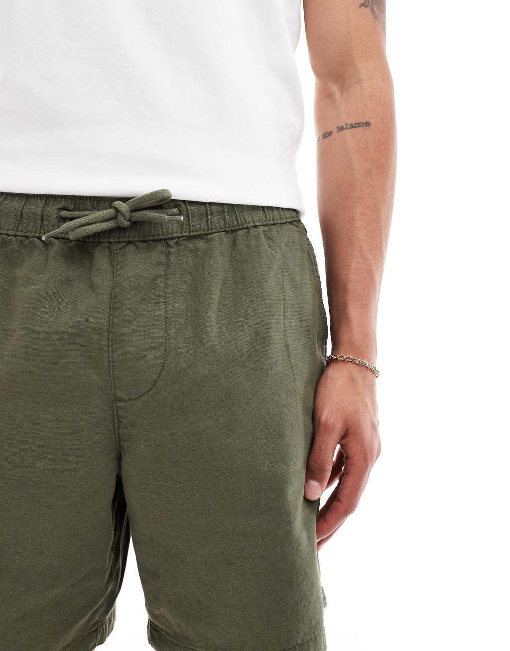 ASOS DESIGN slim linen mix shorts in khaki Product Image