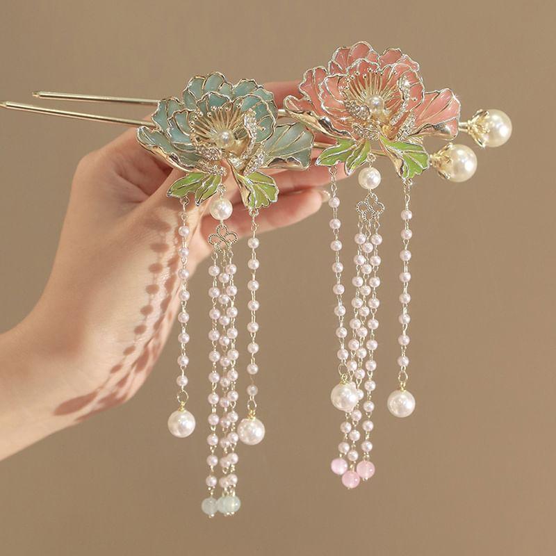 Floral Faux Pearl Tassel Alloy Hair Stick Product Image