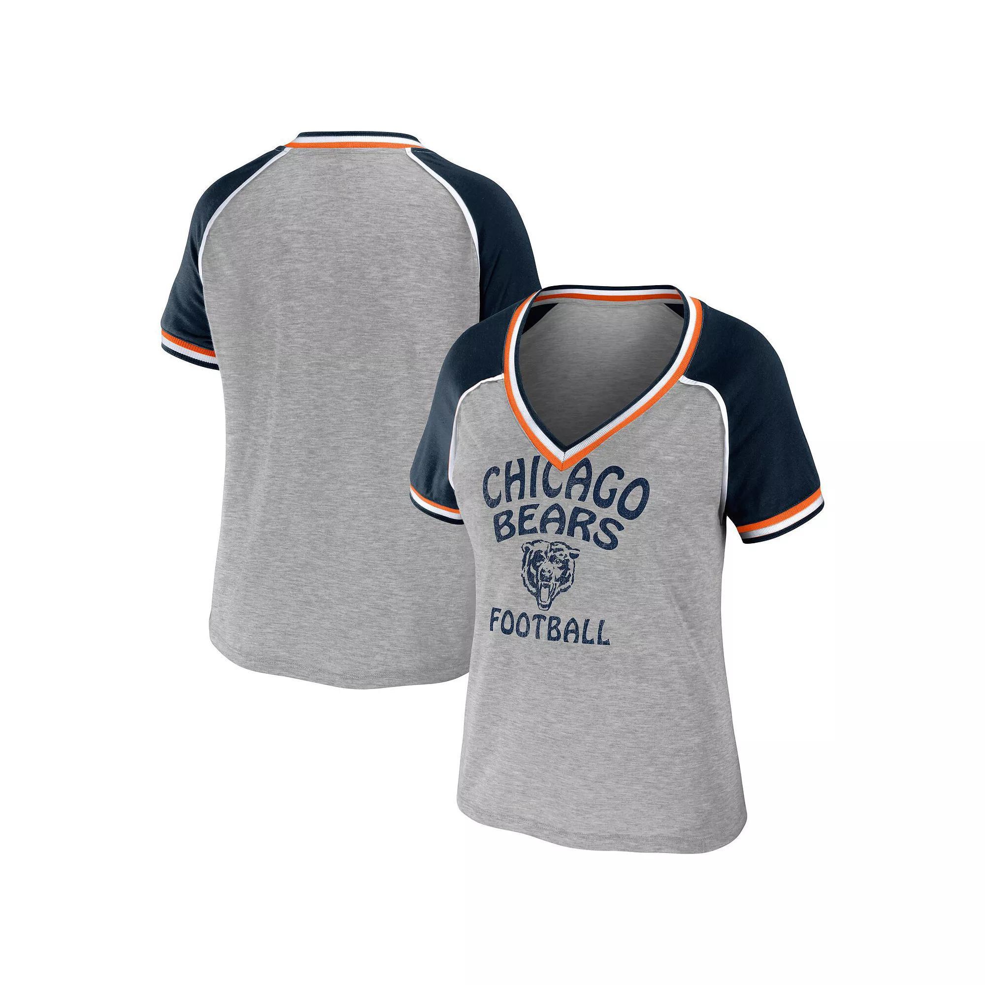 Women's WEAR by Erin Andrews Heather Gray Chicago Bears Throwback Raglan V-Neck T-Shirt, Size: Small, Grey Product Image