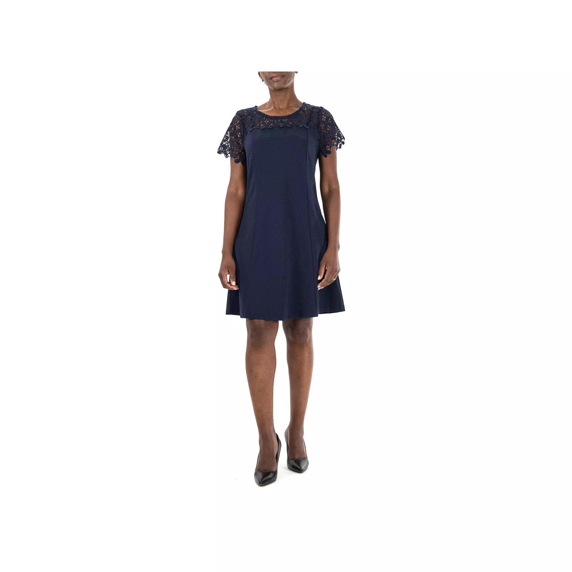 Women's Nina Leonard Lace-Yoke Cap Sleeve A-Line Dress,  Product Image