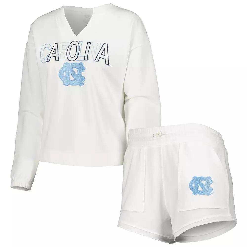 Women's Concepts Sport  White North Carolina Tar Heels Sunray Notch Neck Long Sleeve T-Shirt & Shorts Set, Size: Medium Product Image