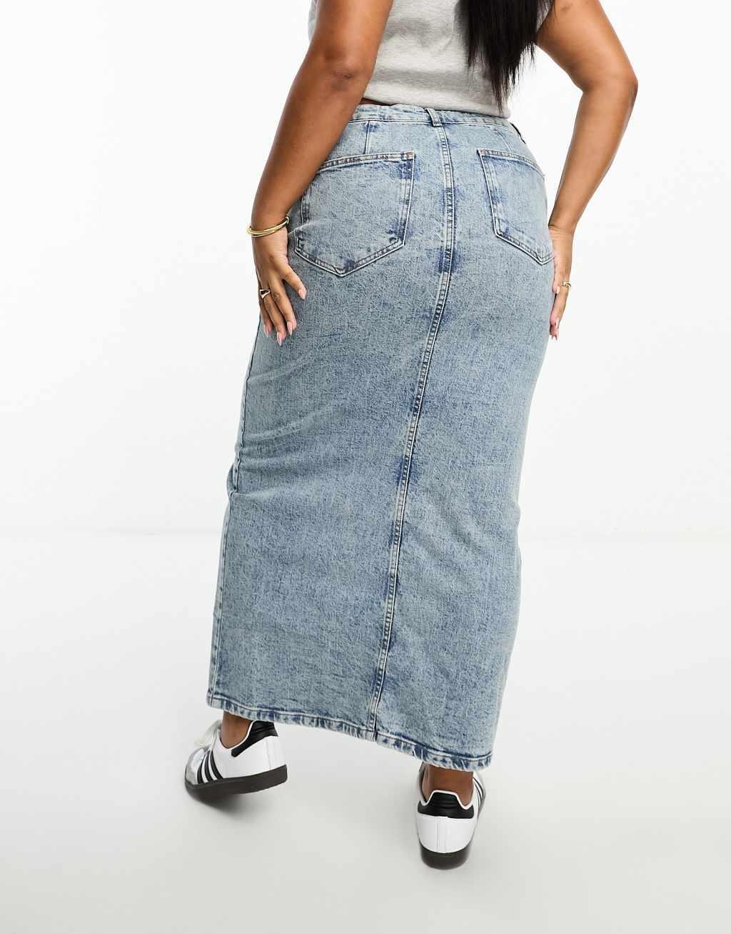 ASOS DESIGN Curve denim midi skirt with split hem Product Image