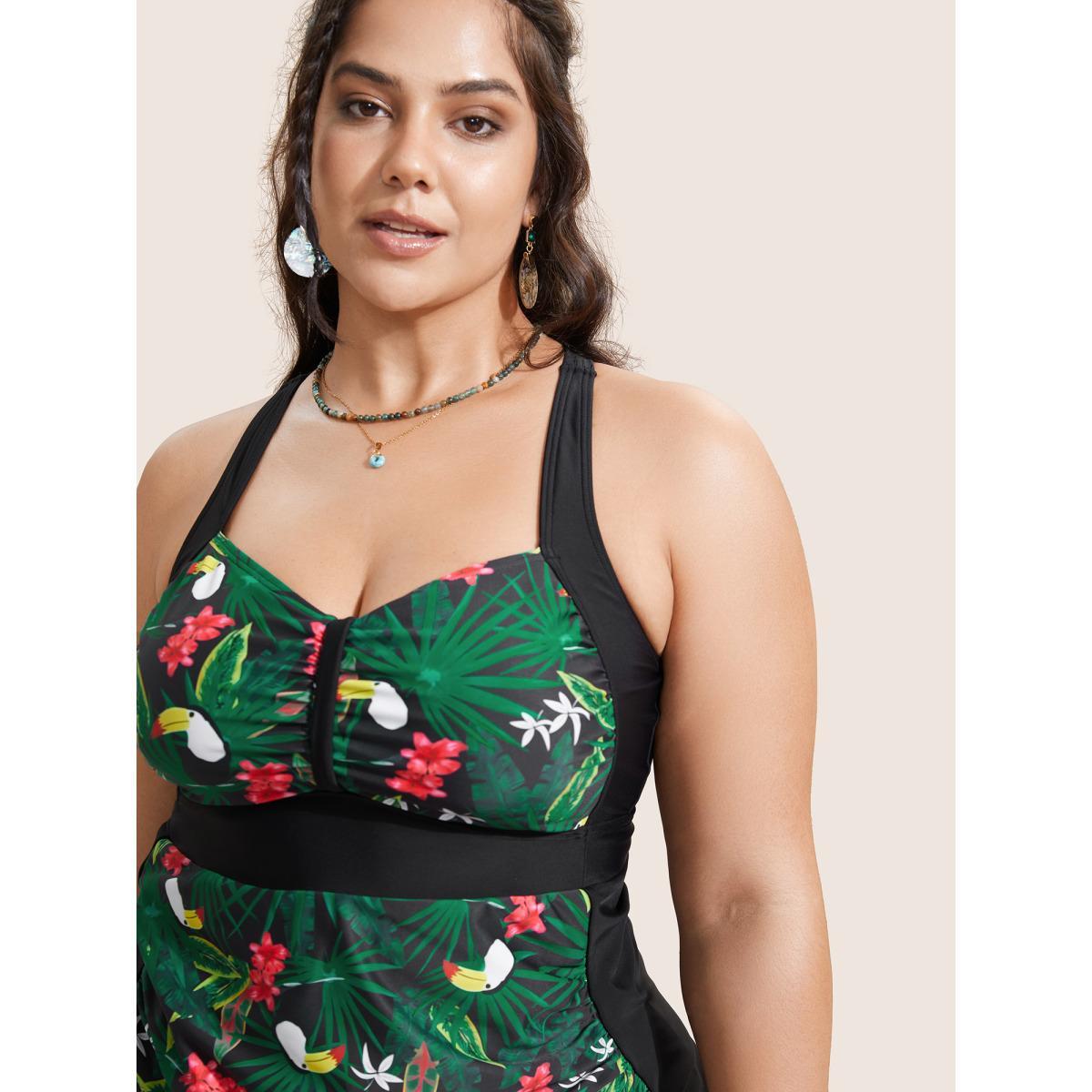 Plus Size Tropical Print Patchwork Gathered Swim Top Women's Swimwear Black Beach Gathered High stretch Skinny Heart neckline Curve Swim Tops BloomChic 14-16/1X Product Image