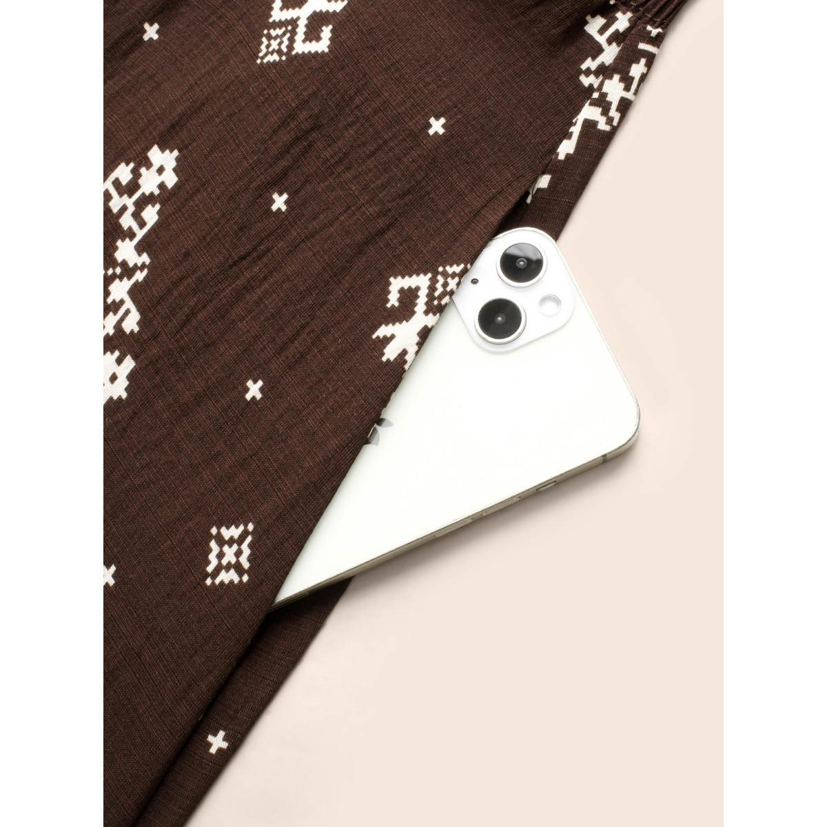 Plus Size Boho Print Square Neck Shirred Dress DarkBrown Women Resort Shirred Square Neck Elbow-length sleeve Curvy BloomChic 28/5X Product Image