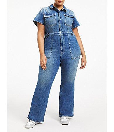 Good American Plus Size Fit For Success Short Sleeve Point Collar Straight Leg Stretch Denim Jumpsuit Product Image