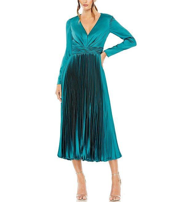 Mac Duggal Pleated Satin V-Neck Long Sleeve Fit and Flare Midi Dress Product Image