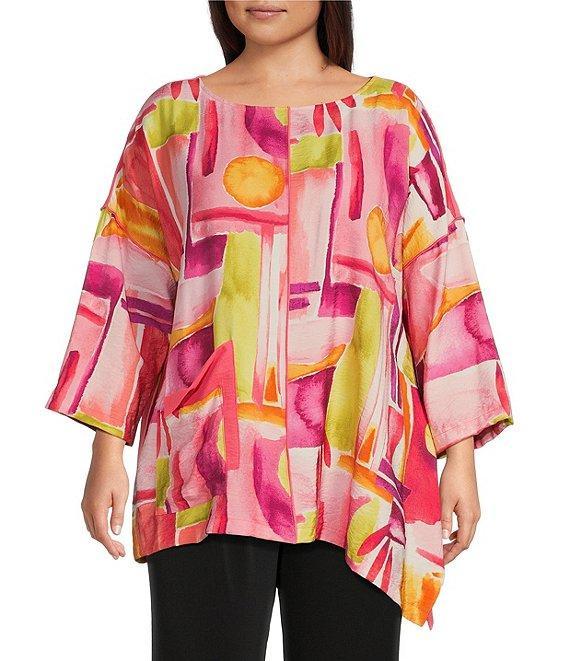 IC Collection Plus Size Woven Geo Print Boat Neck 3/4 Sleeves Asymmetrical Tunic Product Image