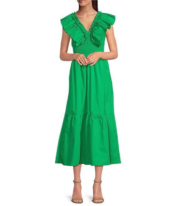 Adrianna by Adrianna Papell Ruffle V-Neck Smocked Waist Sleeveless Midi Dress Product Image