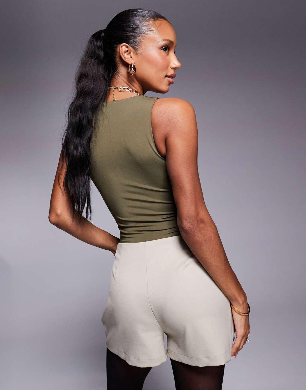 ASOS DESIGN slinky double layer racer bodysuit in olive Product Image