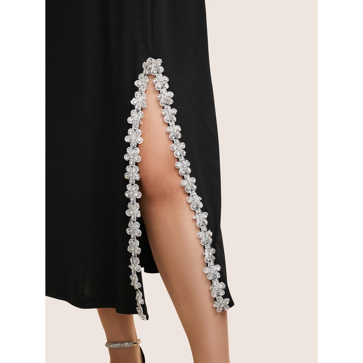 Plus Size Rhinestone Detail Floral Embroidered Split Front Dress Black Women Cocktail Rhinestone detailing V-neck Sleeveless Curvy BloomChic 12/L Product Image