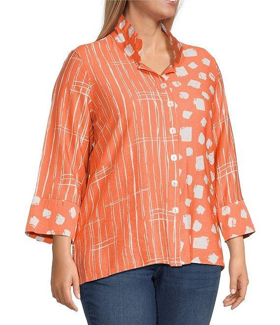 Ali Miles Plus Size Woven Printed Wire Collar 3/4 Sleeve Button-Front Tunic Product Image