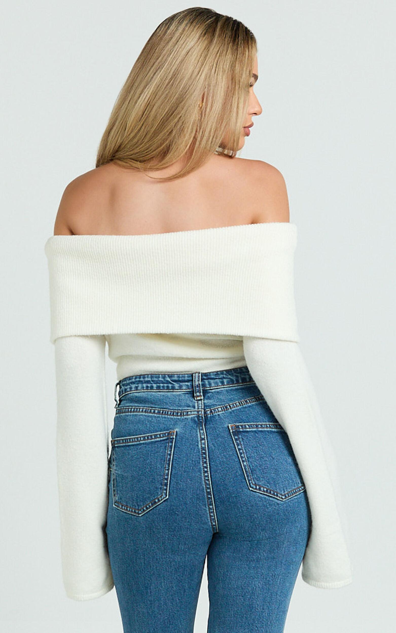 Darcie Top - Off Shoulder Long Sleeve Knitted Top in Cream Product Image