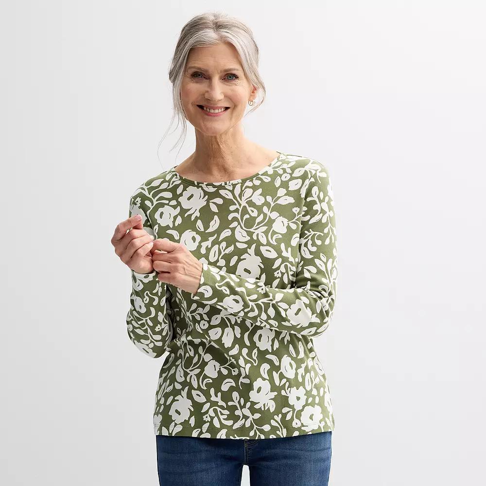 Petite Croft & Barrow® Crewneck Long-Sleeve Tee, Women's, Size: Medium Petite, Red Pink Tiny Blooms Product Image