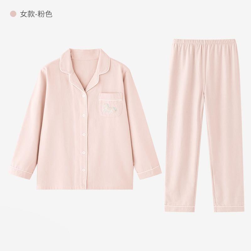 Couple Matching Pajama Set: Long-Sleeve Button-Up Top + Pants (Various Designs) Product Image