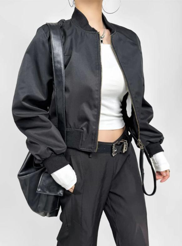 Plain Zip-Up Crop Bomber Jacket Product Image