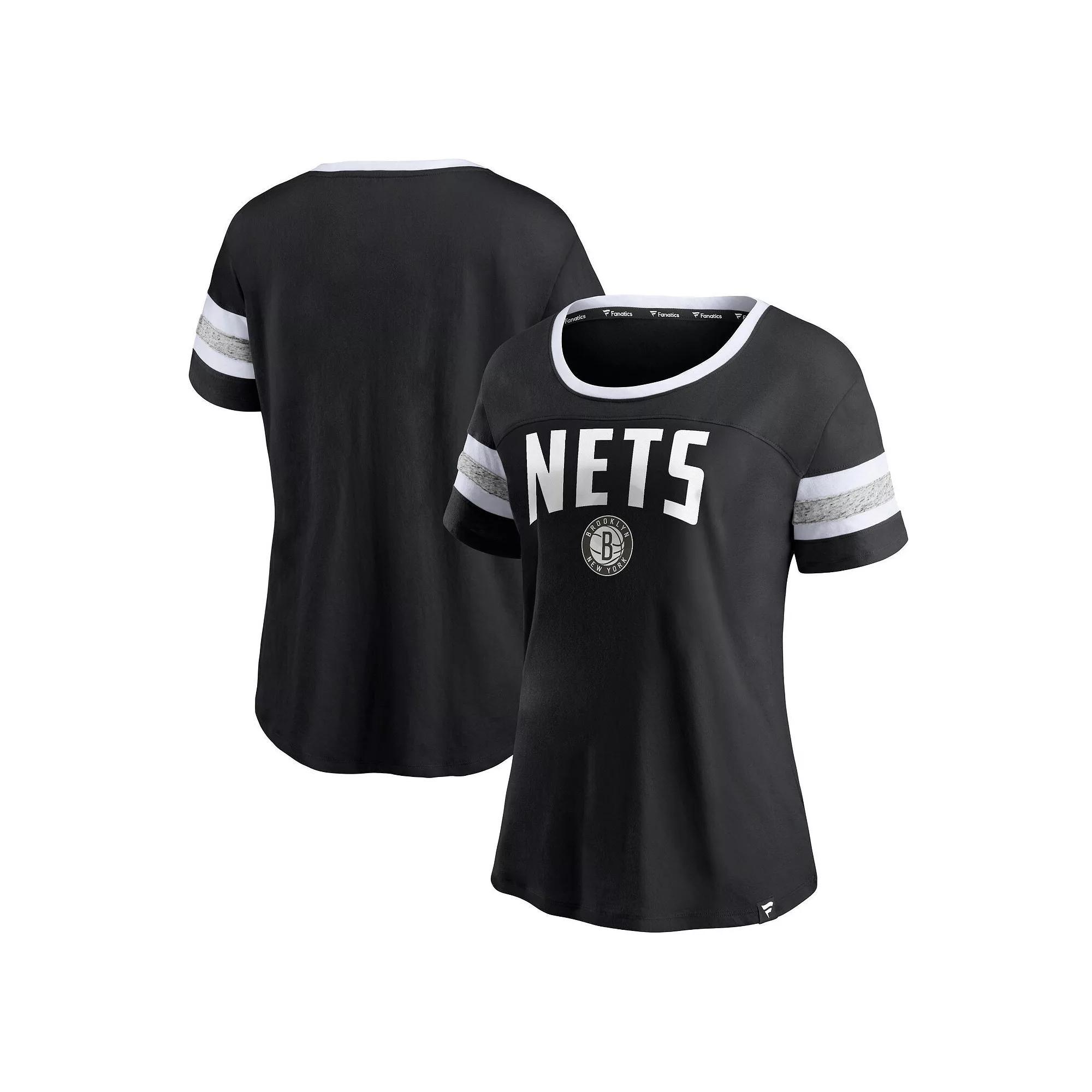 Women's Fanatics Branded Black/Heathered Gray Brooklyn Nets Block Party Striped Sleeve T-Shirt, Size: Large Product Image