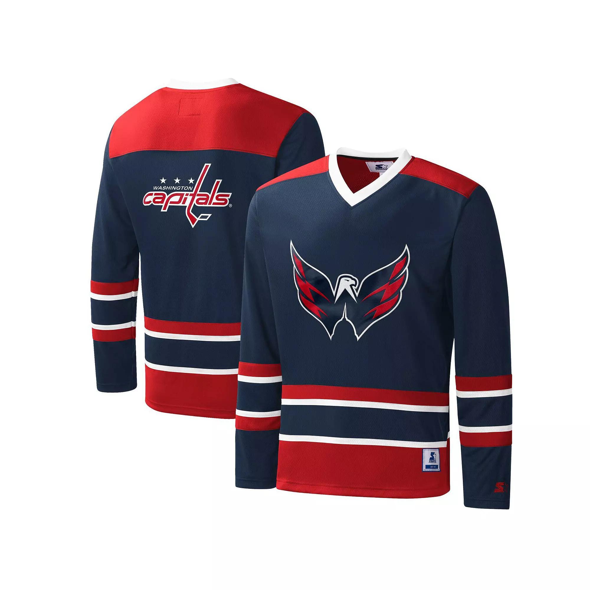 Men's Starter Navy/Red Washington Capitals Cross Check Jersey V-Neck Long Sleeve T-Shirt, Size: Medium, Blue Product Image