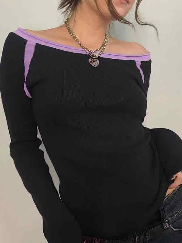 Contrast Color Off Shoulder Long Sleeve Tee Product Image