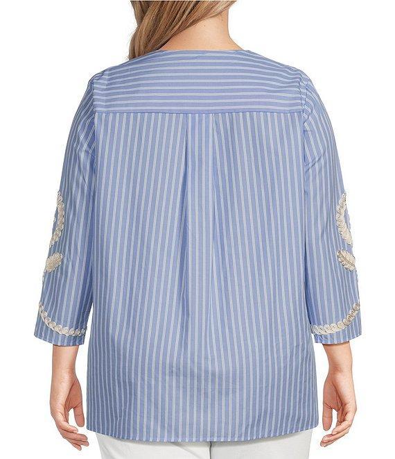 Calessa Plus Size Embroidered Patchwork Pinstripe Split V-Neck 3/4 Sleeve Tunic Product Image