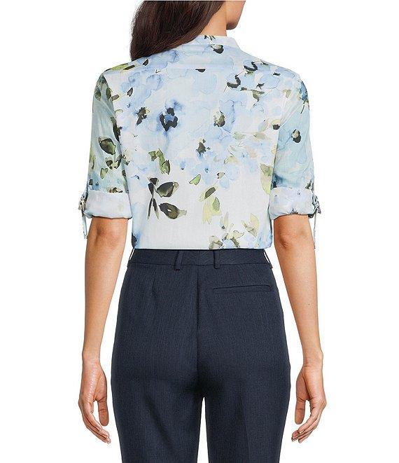 Calvin Klein Floral Cotton Crew Neck Roll Tab Sleeve Button Front Blouse Product Image