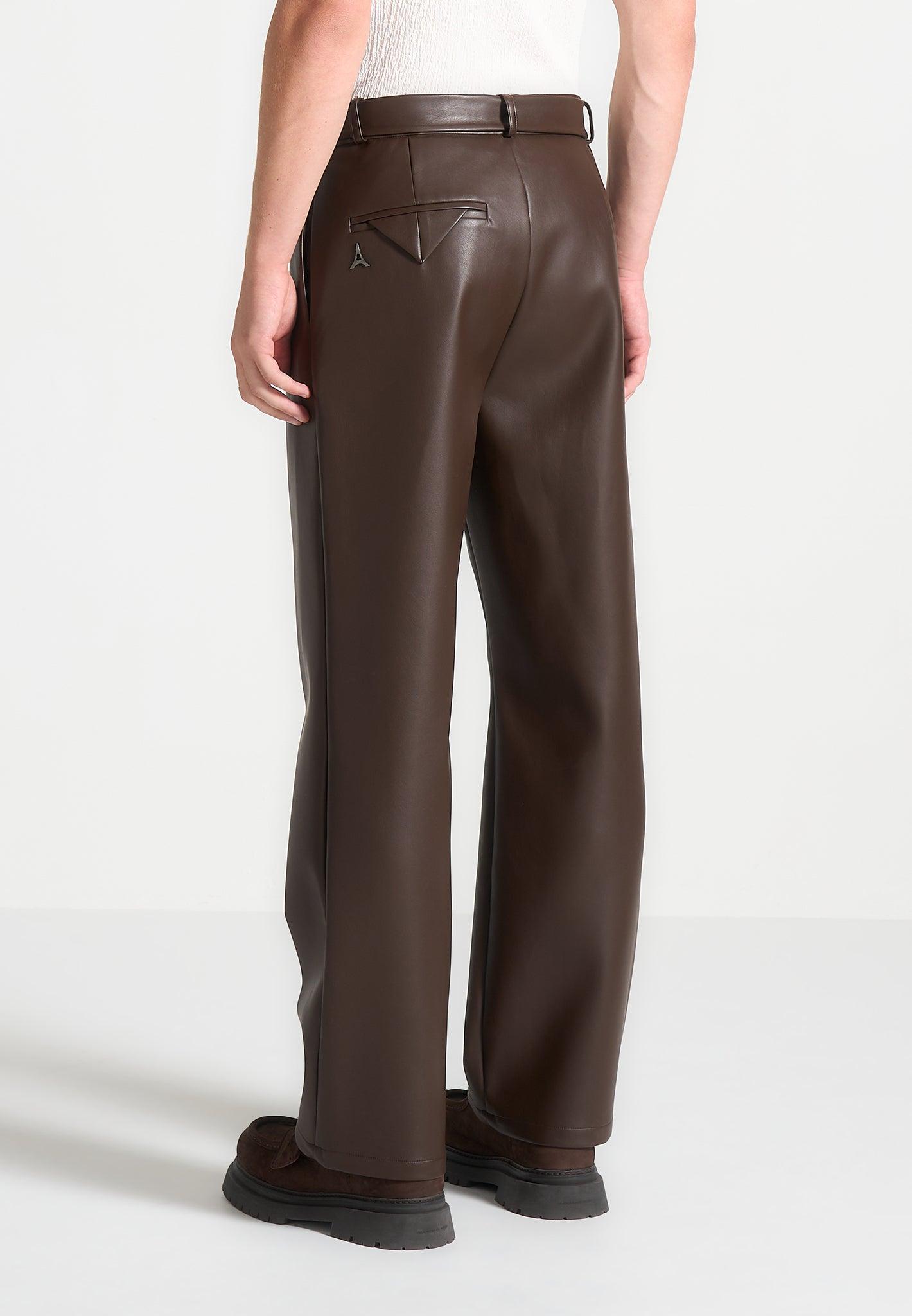 Relaxed Fit Leather Pleated Trouser - Brown Male Product Image