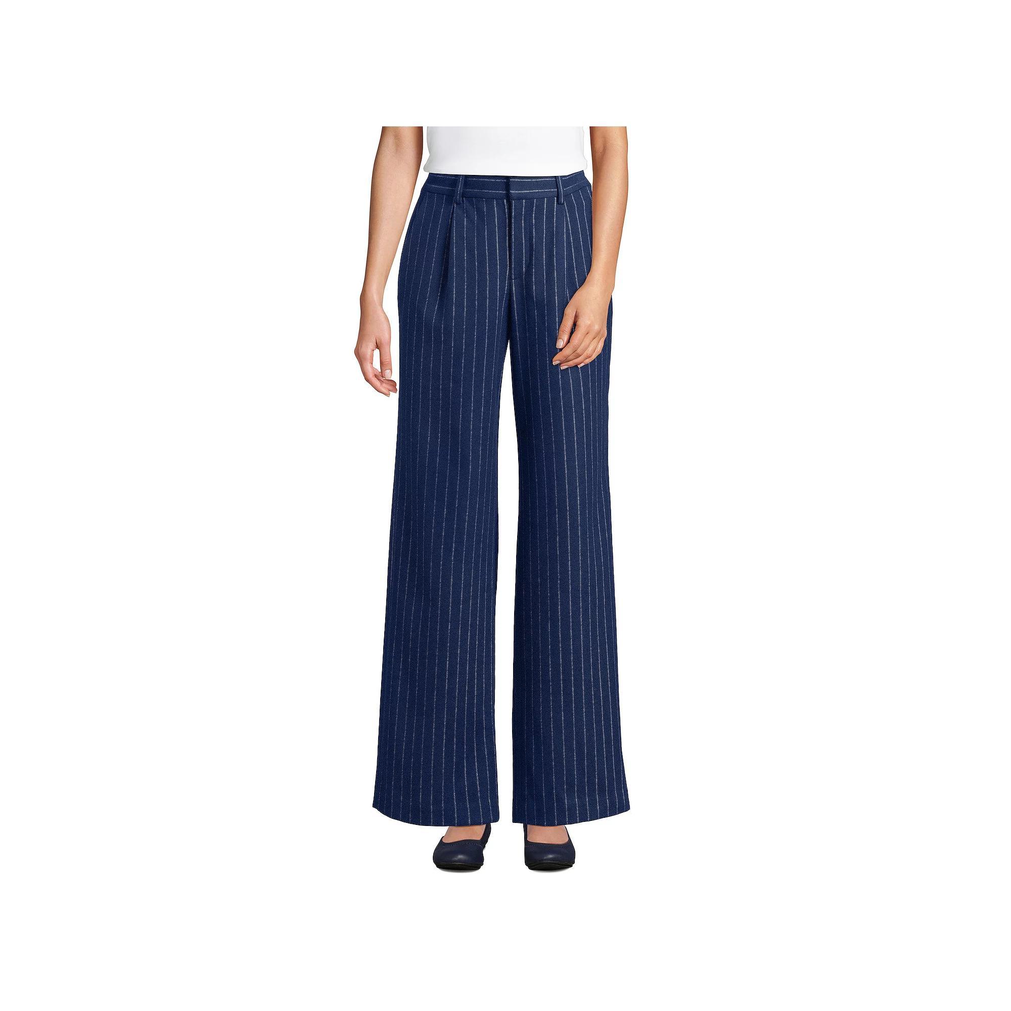 Women's Lands' End Flannel High Waist Pleated Wide Leg Pants, Size: 18, Blue Pinstripe Product Image