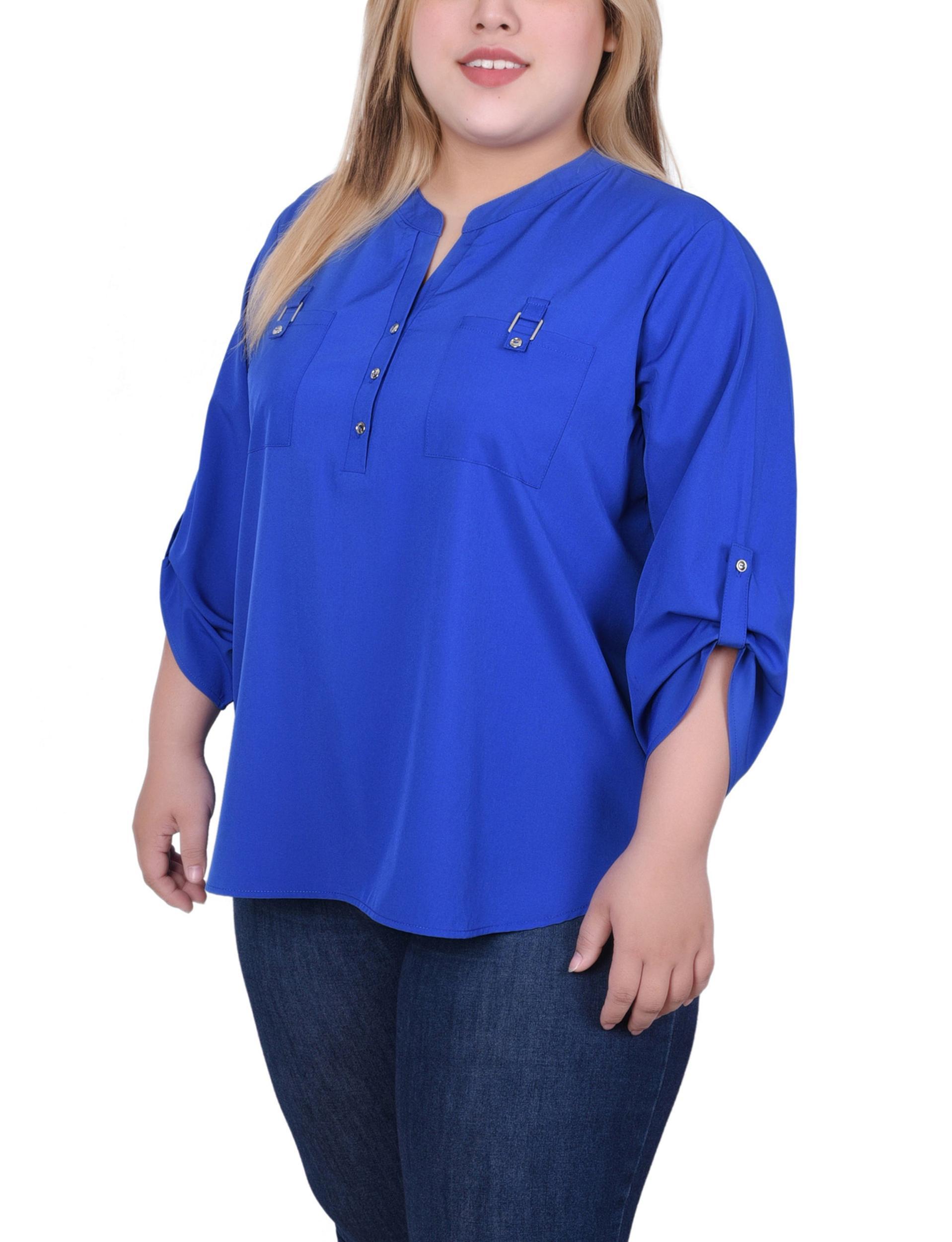 Blue 3/4 Tabbed Sleeve Y Neck Blouse - Plus Size Product Image