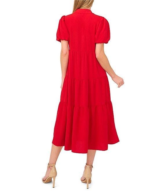 CeCe Gauze Point Collar Short Puff Sleeve Button Front Tiered Midi Shirt Dress Product Image