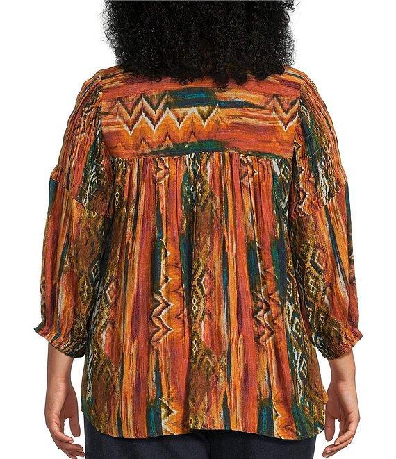 Intro Plus Size Crinkle Gauze Ikat Print Crew Neck 3/4 Sleeve Smocked Detail Button Front Blouse Product Image