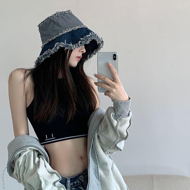 Distressed Washed Denim Bucket Hat Product Image