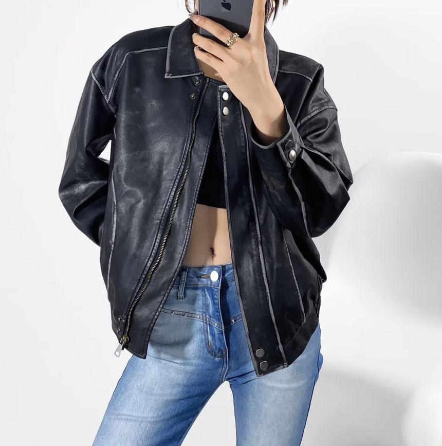 Washed Faux Leather Zip Jacket Product Image