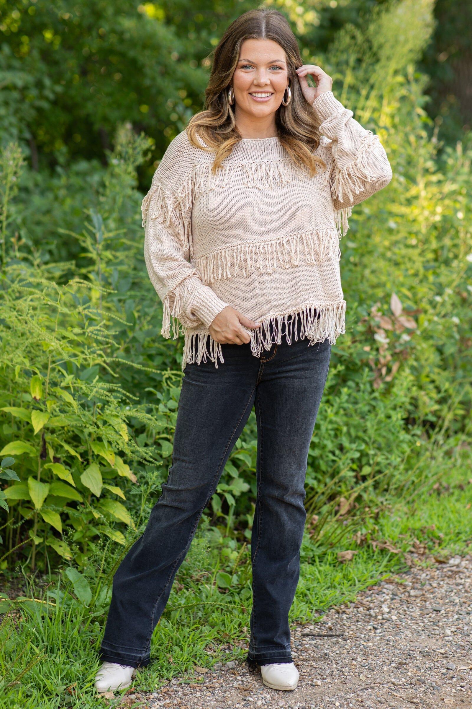 Tan Lightweight Sweater With Fringe Detail Product Image