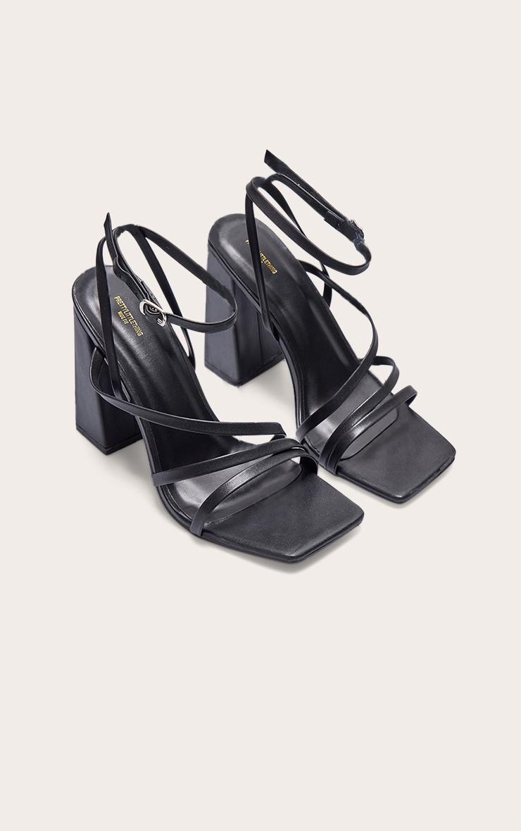 Black Wide Fit PU Square Toe Strappy High Block Heeled Sandals Product Image
