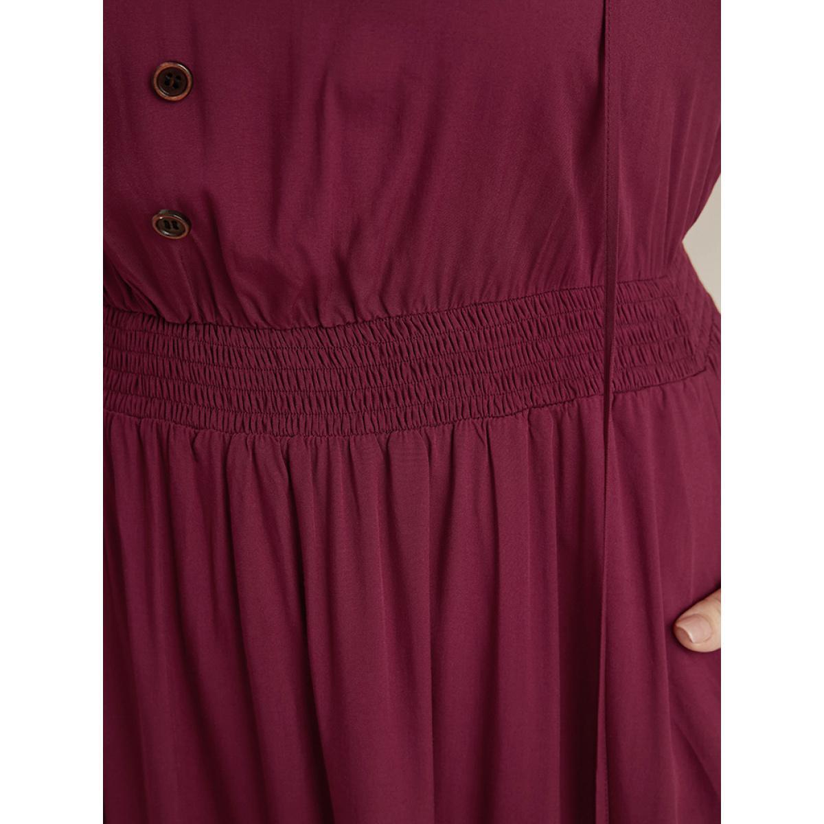 Plus Size Solid Pocket Button Detail Tie Neck Shirred Ruffles Dress Burgundy Women Elegant Pocket V-neck Long Sleeve Curvy Midi Dress BloomChic 14-16/1X Product Image