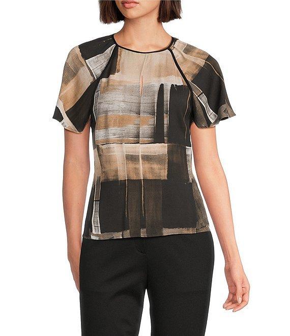 BOSS by Hugo Boss Bivalia Painted Print Satin Round Neck Short Sleeve Top Product Image