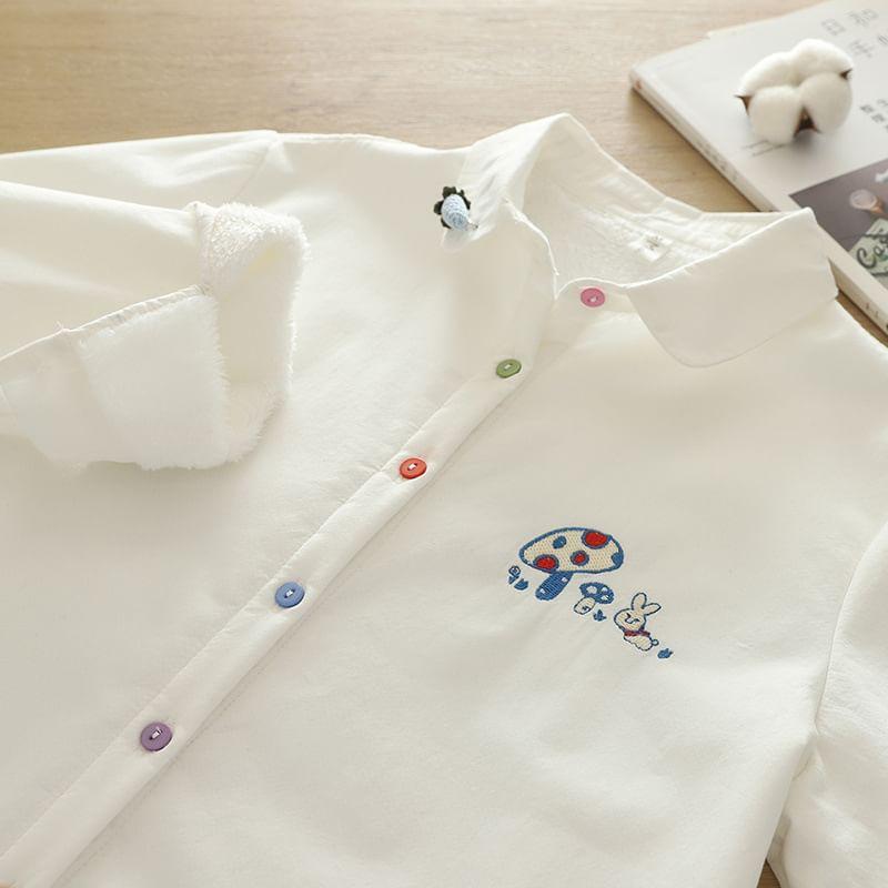 Long-Sleeve Mushroom Embroidery Shirt Product Image