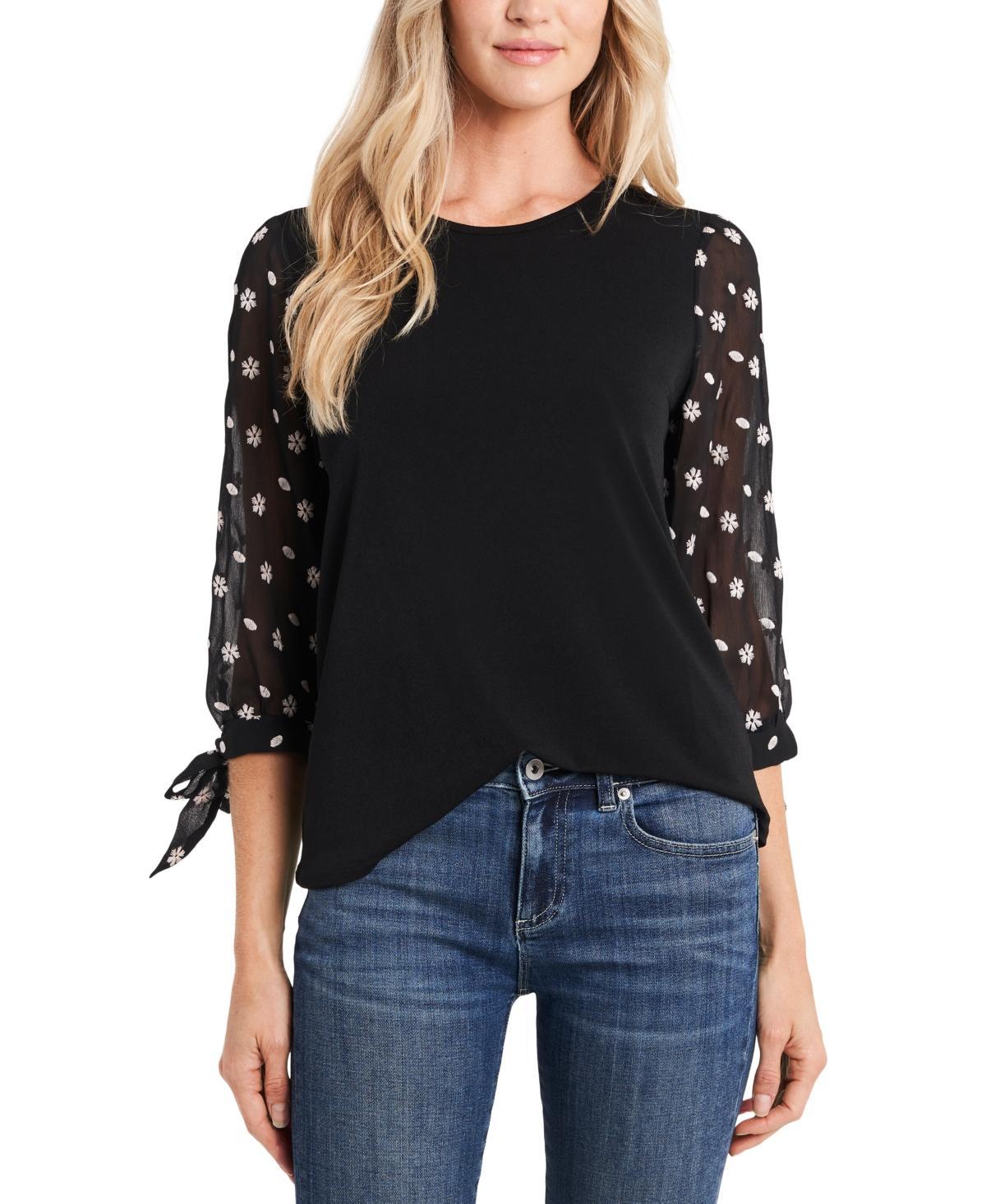 CeCe Floral Embroidered 34 Tie Sleeve Crew Neck Knit Top Product Image