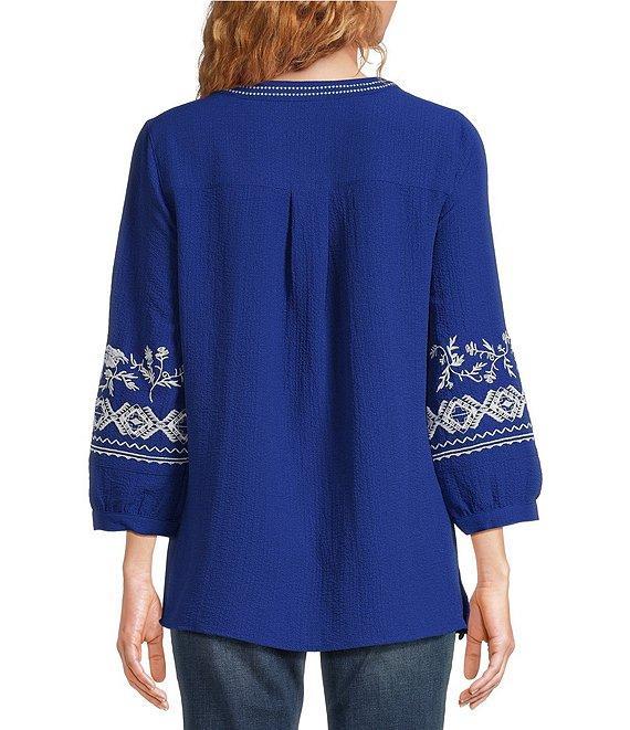Calessa Petite Size Embroidered Floral Patchwork Split V-Neck 3/4 Sleeve Tunic Product Image