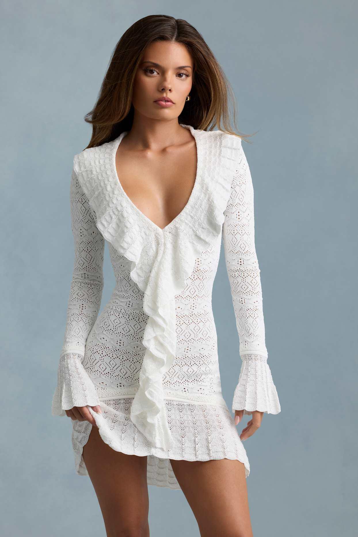 Ruffle-Trim Pointelle-Knit Mini Dress in White Product Image