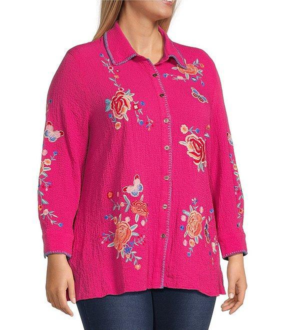 Calessa Plus Size Floral Embroidered Point Collar Long Sleeve Button Front Tunic Product Image