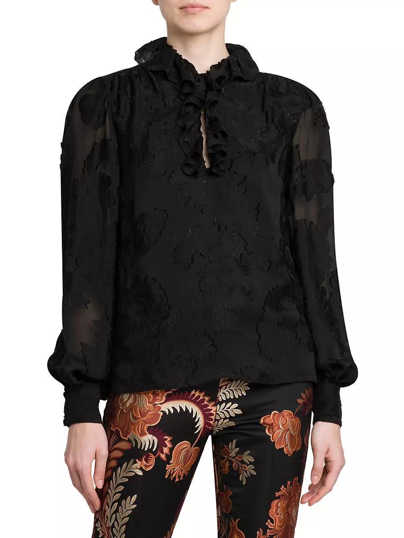 Womens Floral Jacquard Ruffle Blouse Product Image