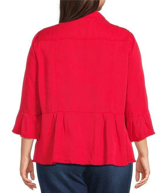 Multiples Plus Size Solid Lyocell Point Collar 3/4 Flounce Sleeve Button Front Peplum Jacket Product Image