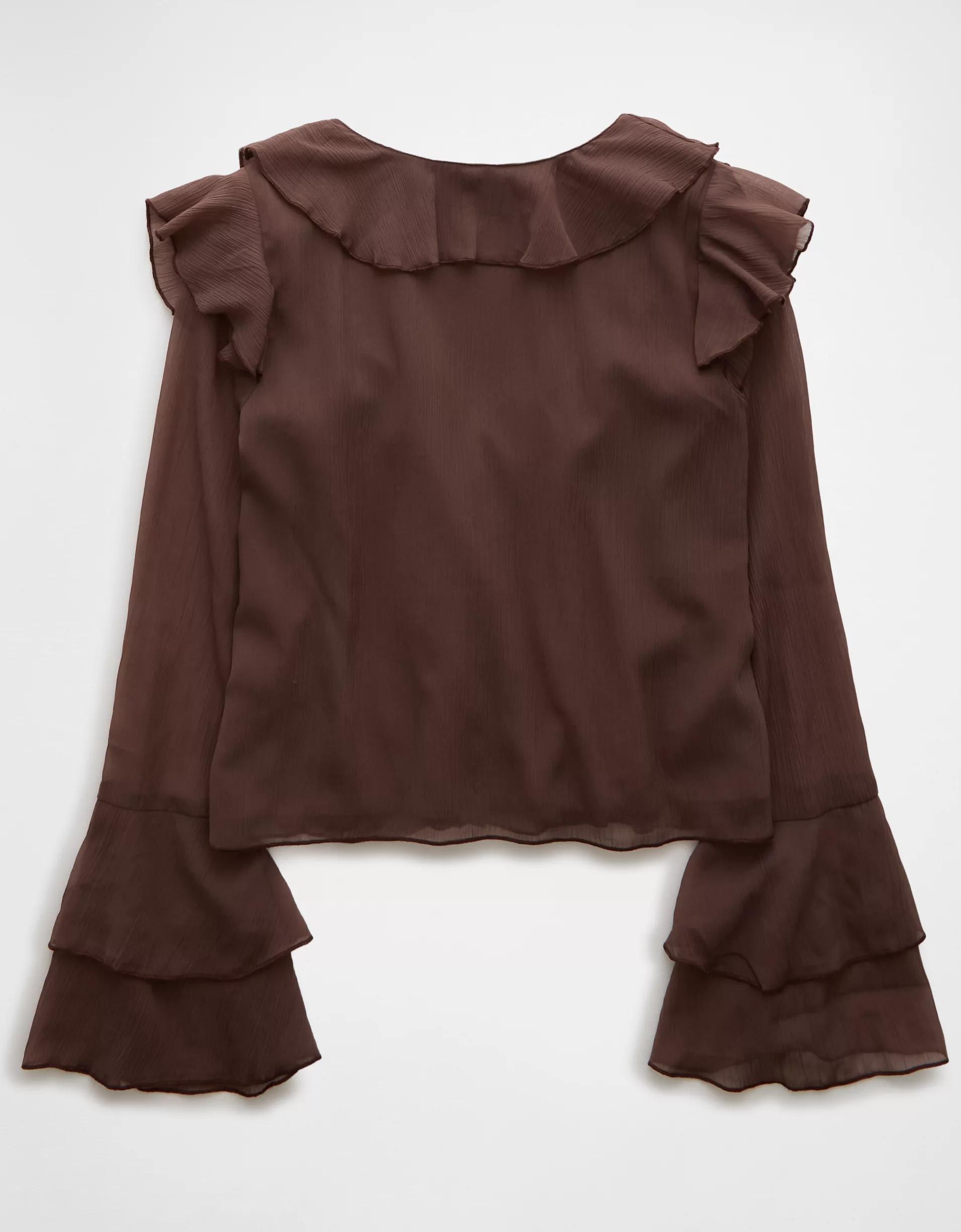 AE Long-Sleeve Chiffon Ruffle Blouse Product Image