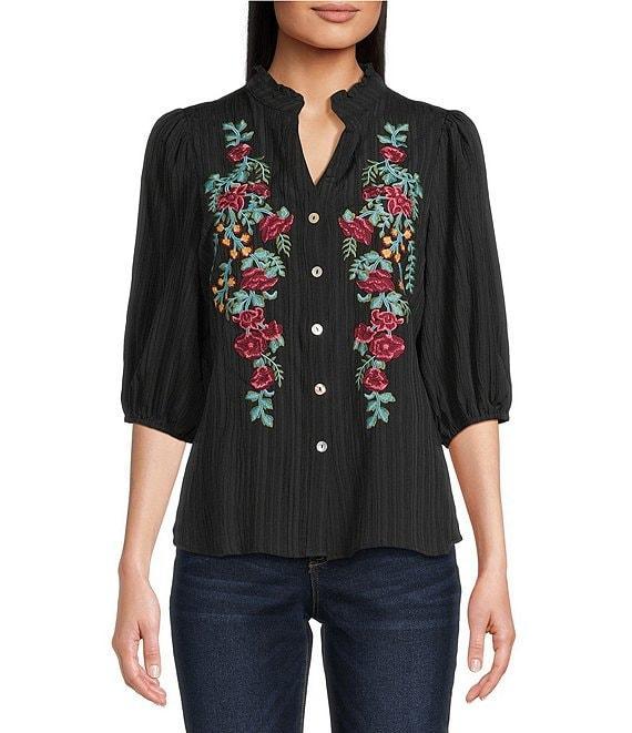 Calessa Petite Size Embroidered Floral Split V-Neck 3/4 Sleeve Button Front Tunic Product Image
