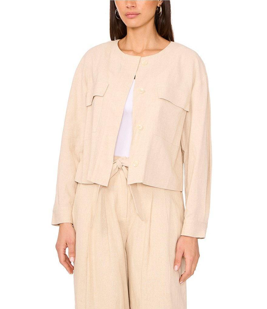 Vince Camuto Open Neck Long Sleeve Double Pocket Button Front Cropped Jacket Product Image