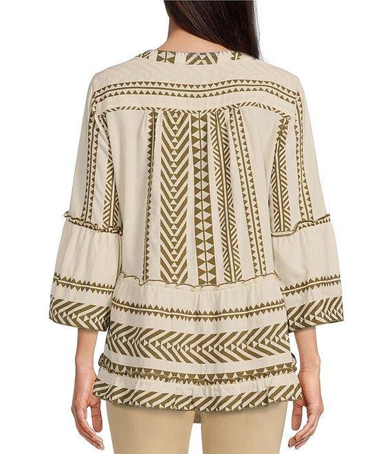 John Mark Jacquard Woven Geometric Print Split V-Neck 3/4 Bell Sleeve Top Product Image