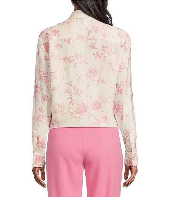 Preston & York Kinsley Satin Rose Print Long Sleeve Button Tie Front Blouse Product Image
